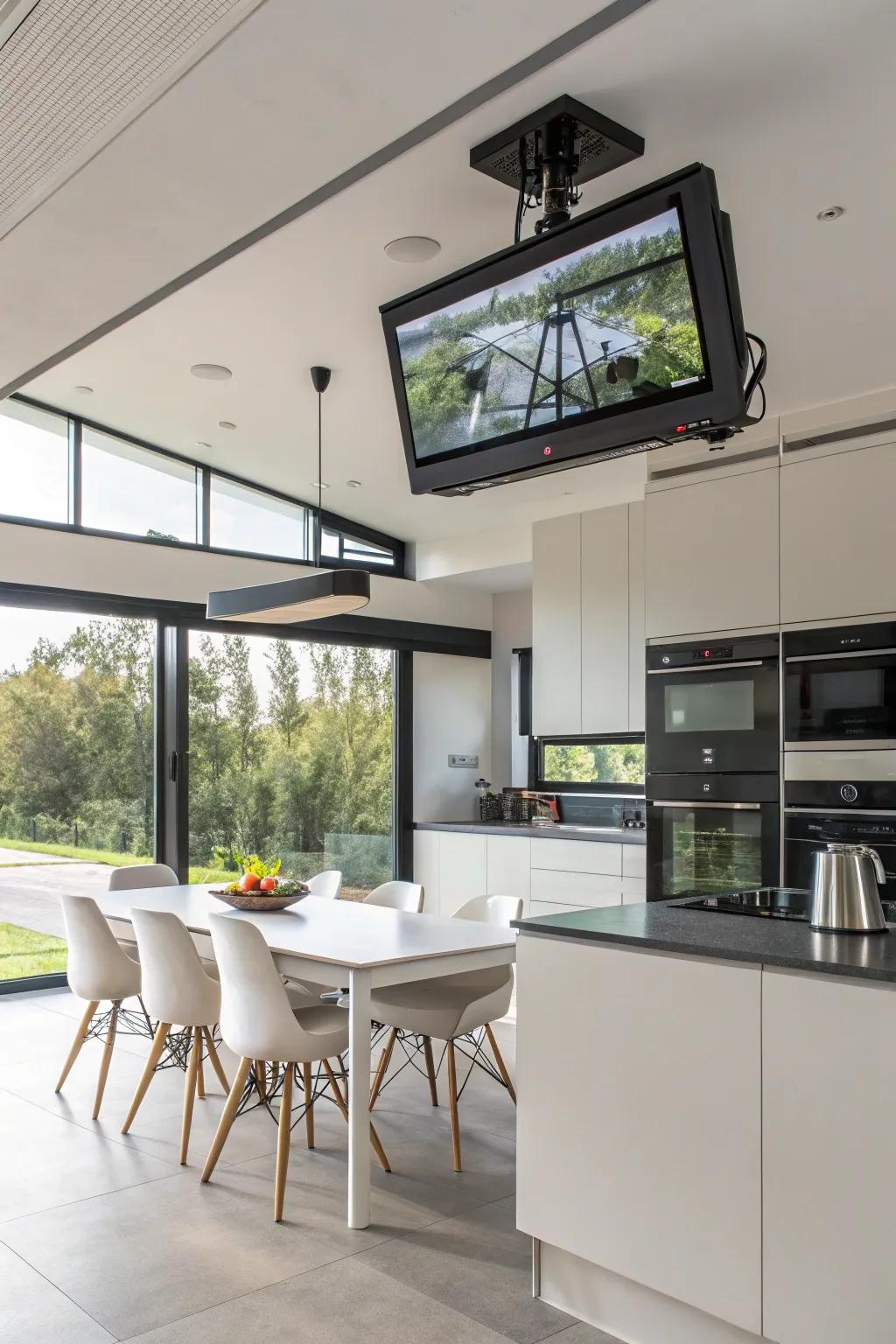 A panel display affixed to the ceiling in the cooking area, delivering adaptable viewing angles.