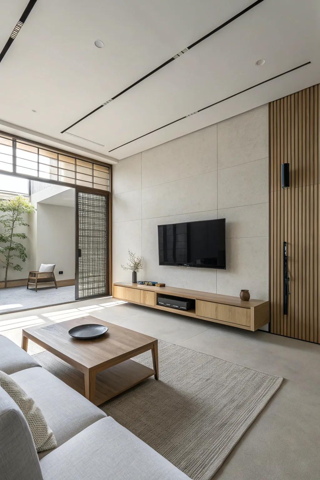 Minimalism contributes serenity and order to your TV room.