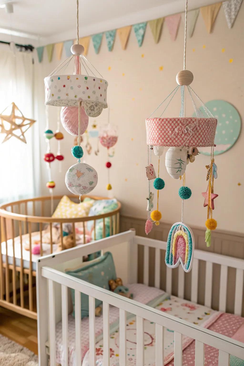 Whimsical mobiles add charm and visual interest above the sleeping spaces.