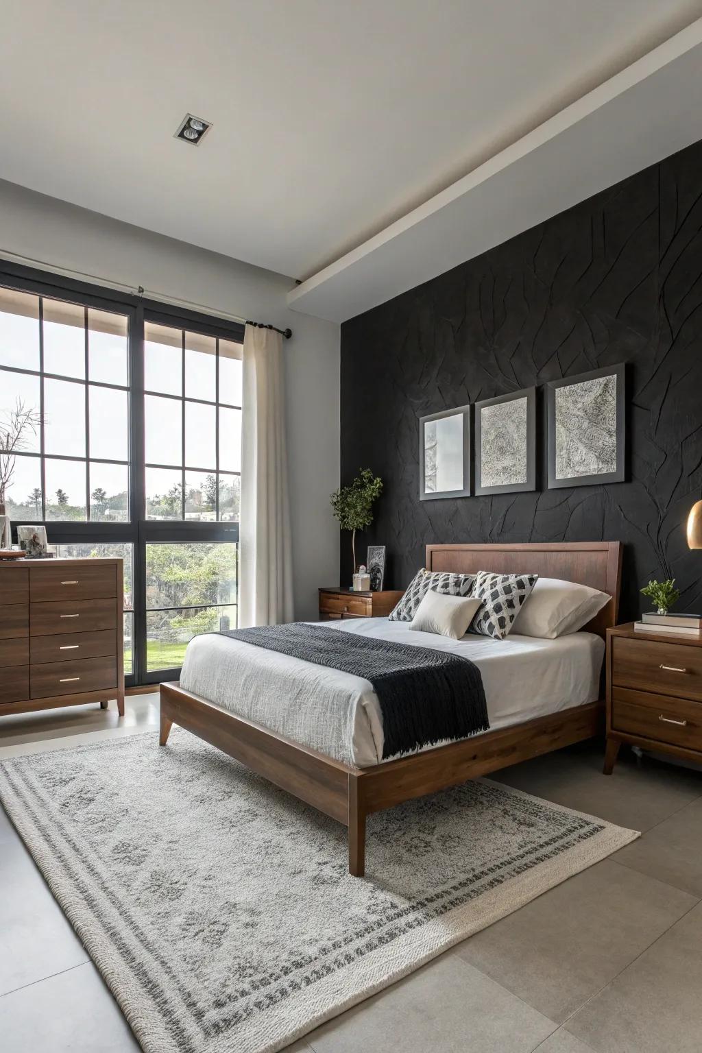 A chic bedroom featuring ebony and ivory walls, embodying timeless elegance.