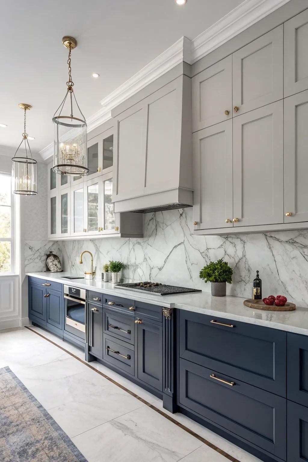 An refined dove gray and deep sea kitchen that exudes sophistication.