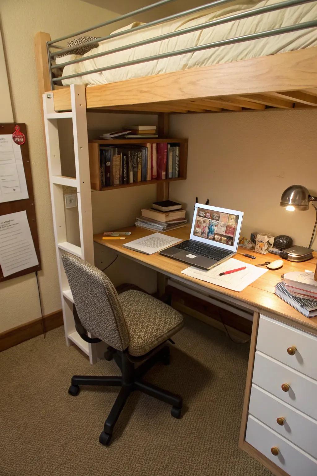 A productive mini-office beneath the bunk bed.