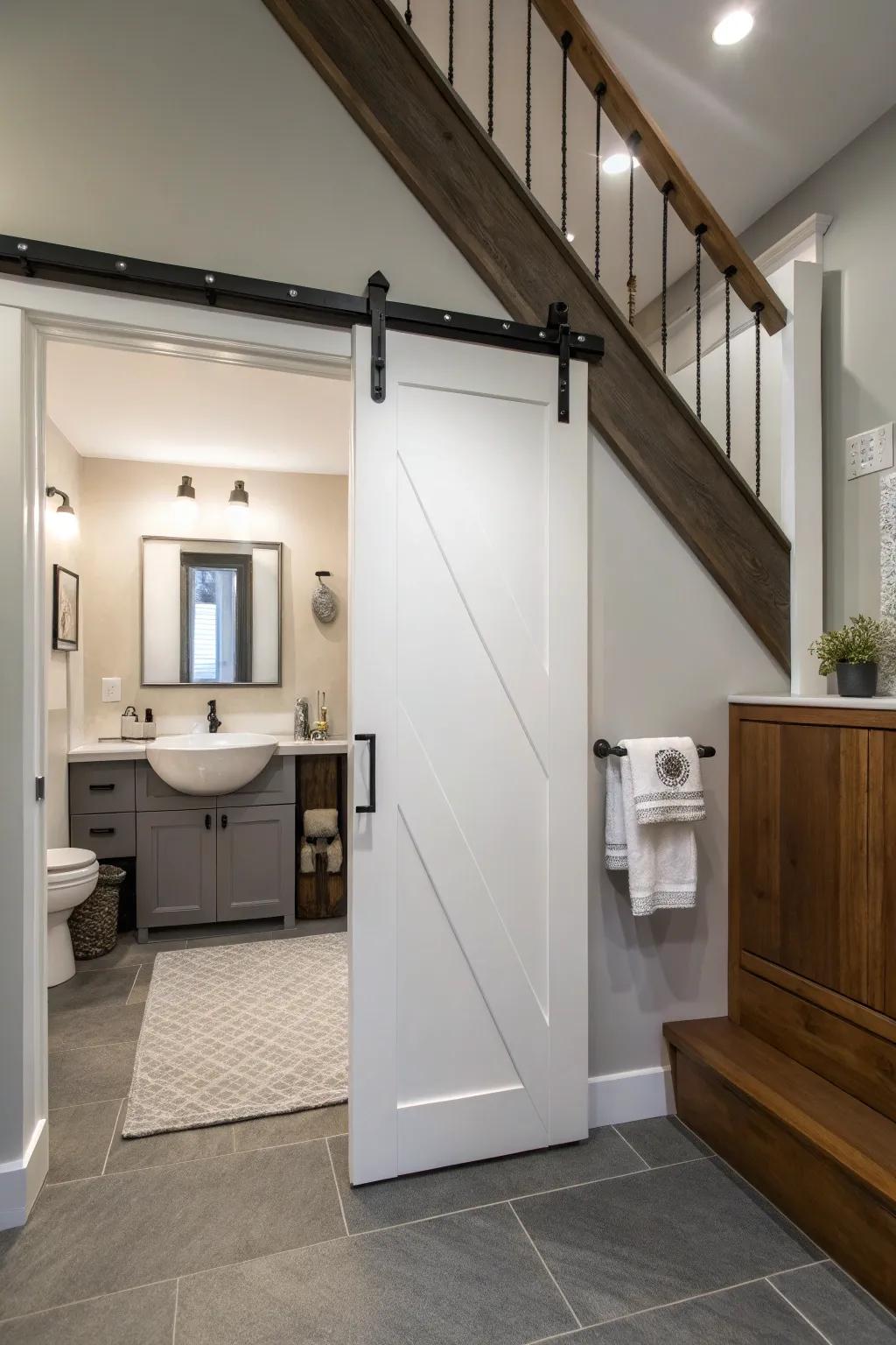 A restroom under the staircase featuring a sleek sliding door for space-saving access.