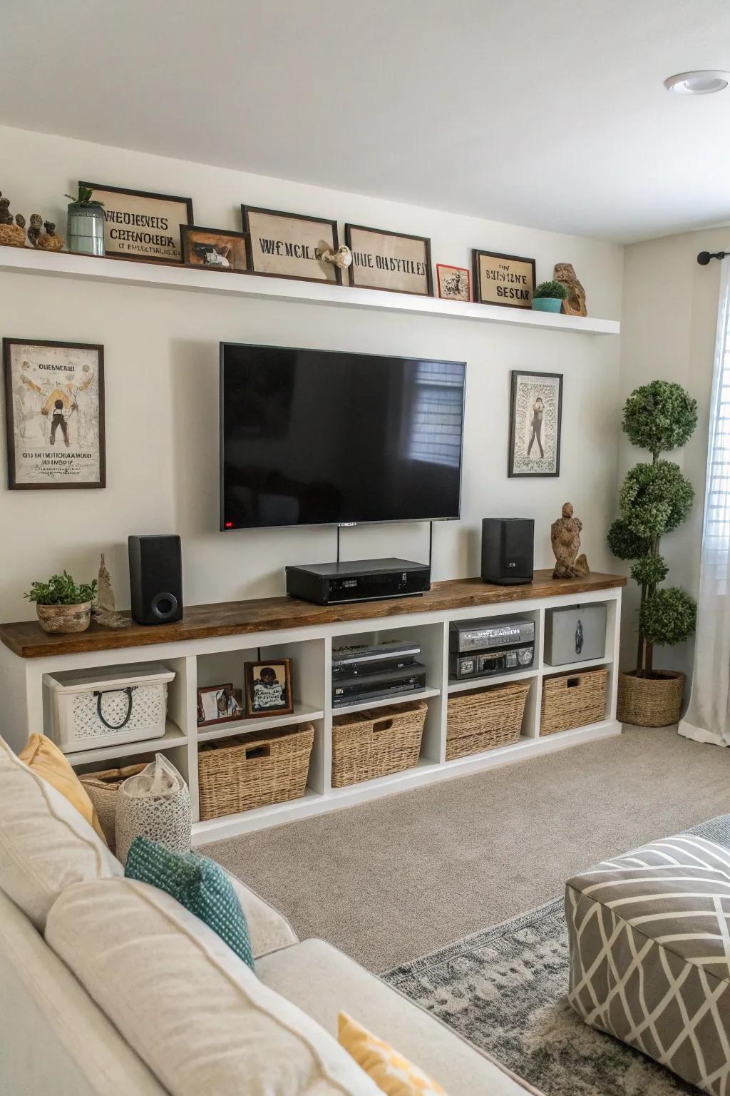 Useful accoutrements beneath your television blend elegance with practicality.