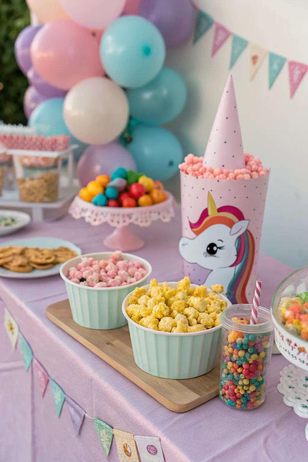 A bewitching unicorn nibble kiosk featuring colorful treats.
