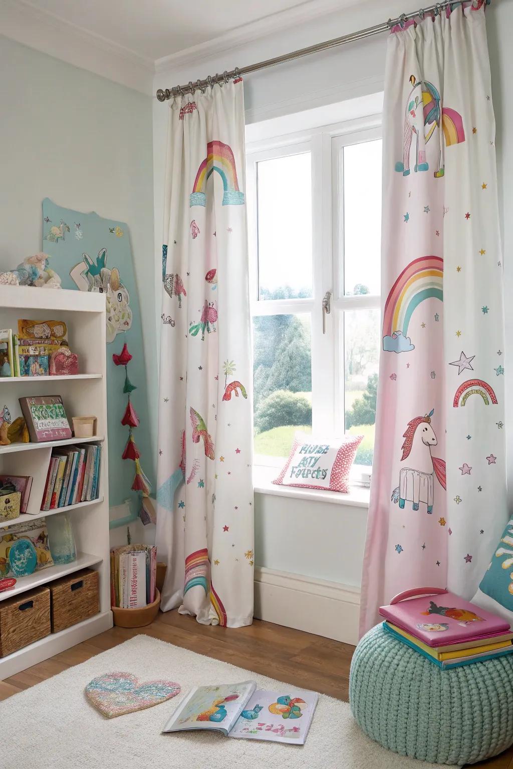 Window treatments frame the room with magical creature magic.
