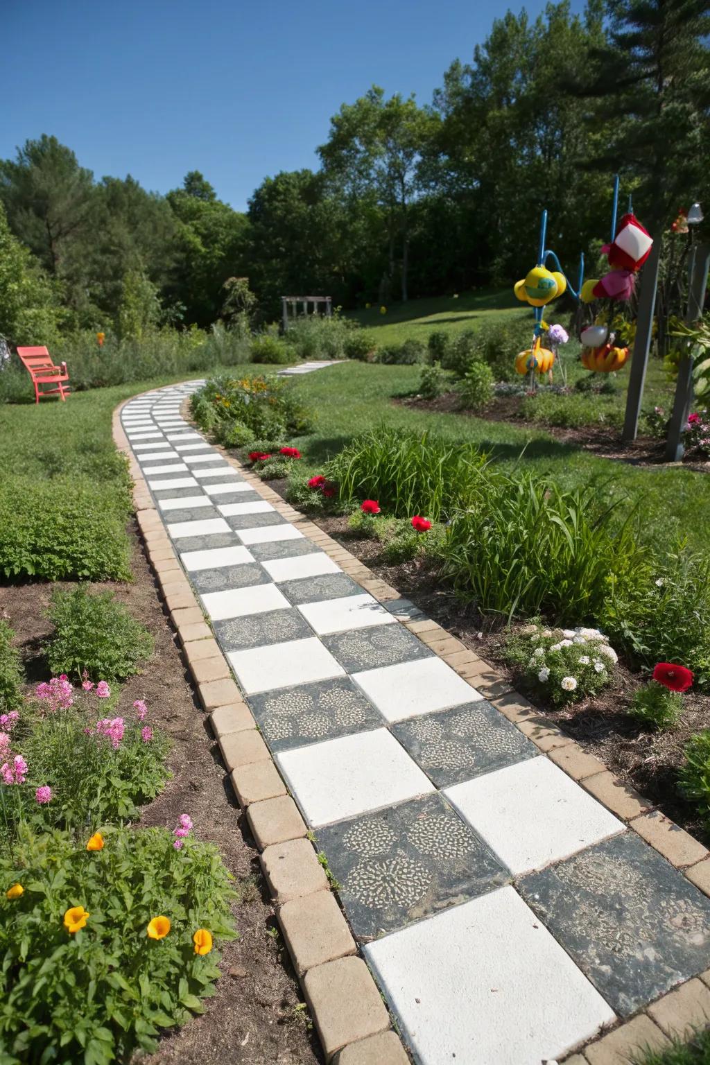 Tile paths bring a playful and dynamic pattern to garden design.