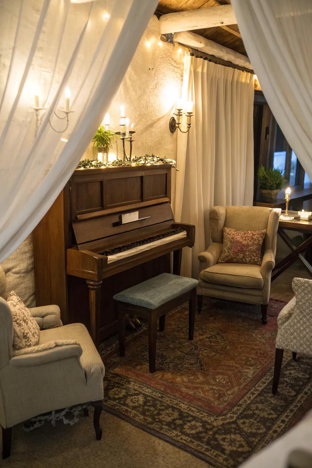 A cozy nook featuring an upright piano, comfortable seating, and soft lighting.