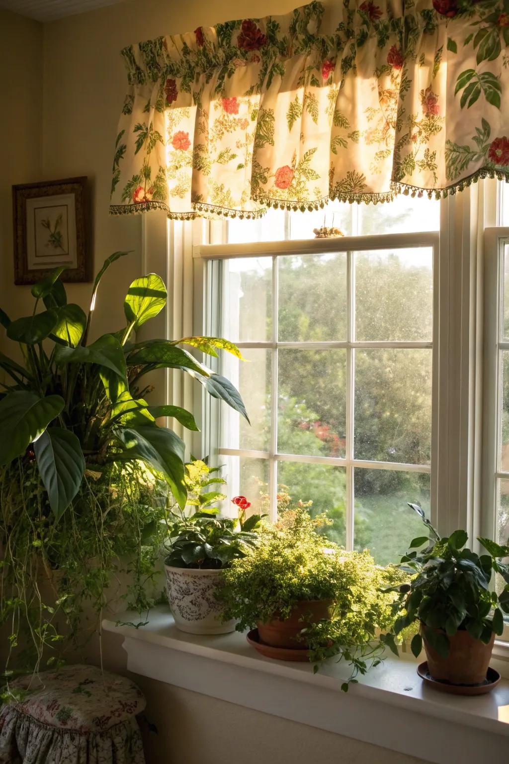 A window displaying a bloom topper in a sunny, plant-filled room.