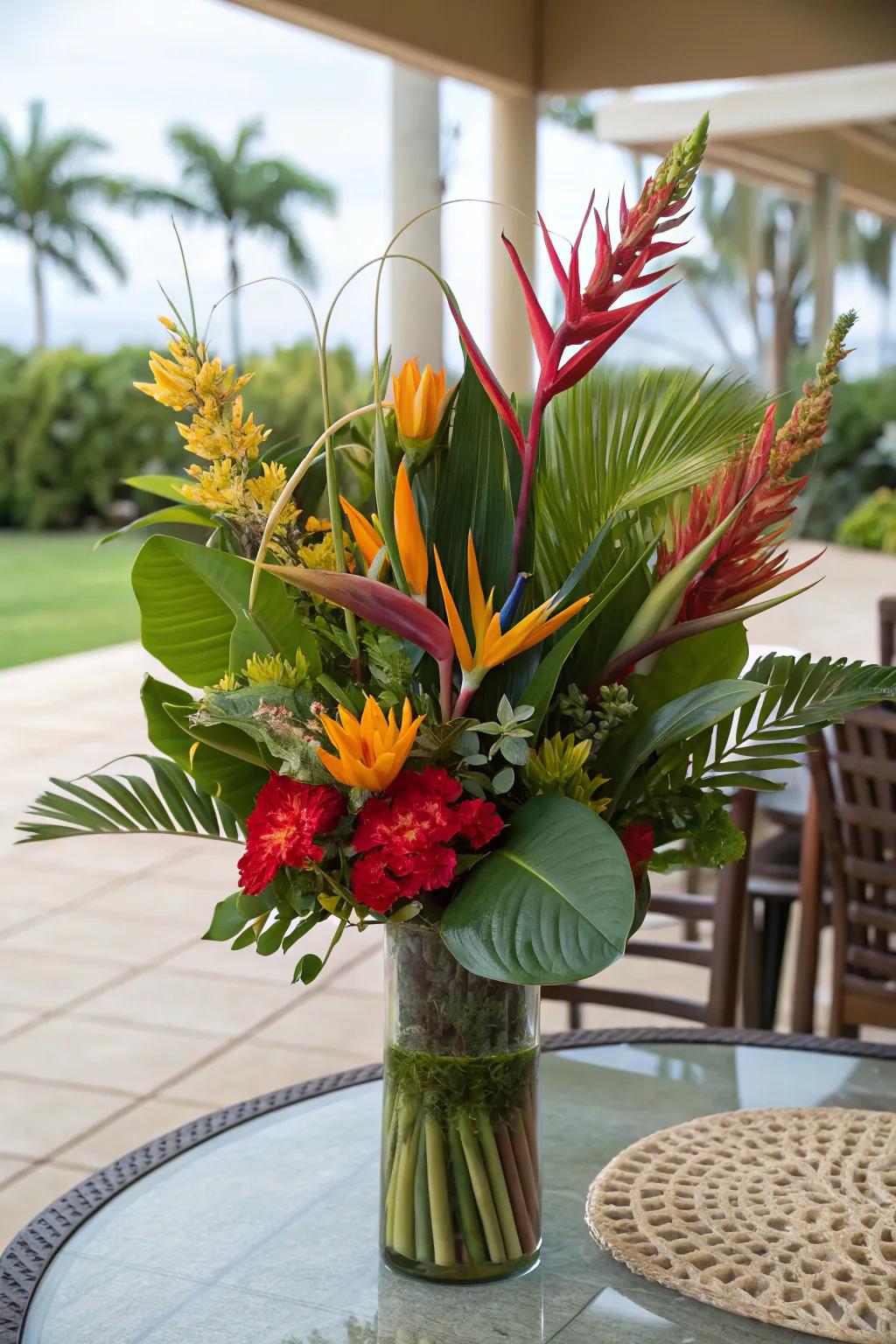 Exotic blossom bouquet conveying exotic flair to a patio.