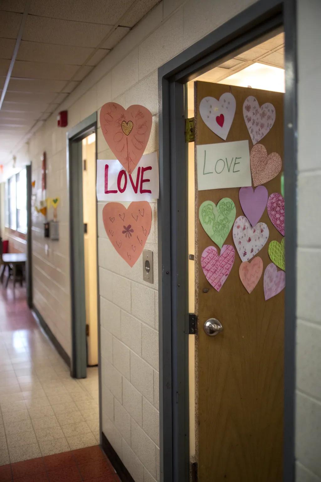 A classroom door featuring heart-shaped notes with personal messages of love.