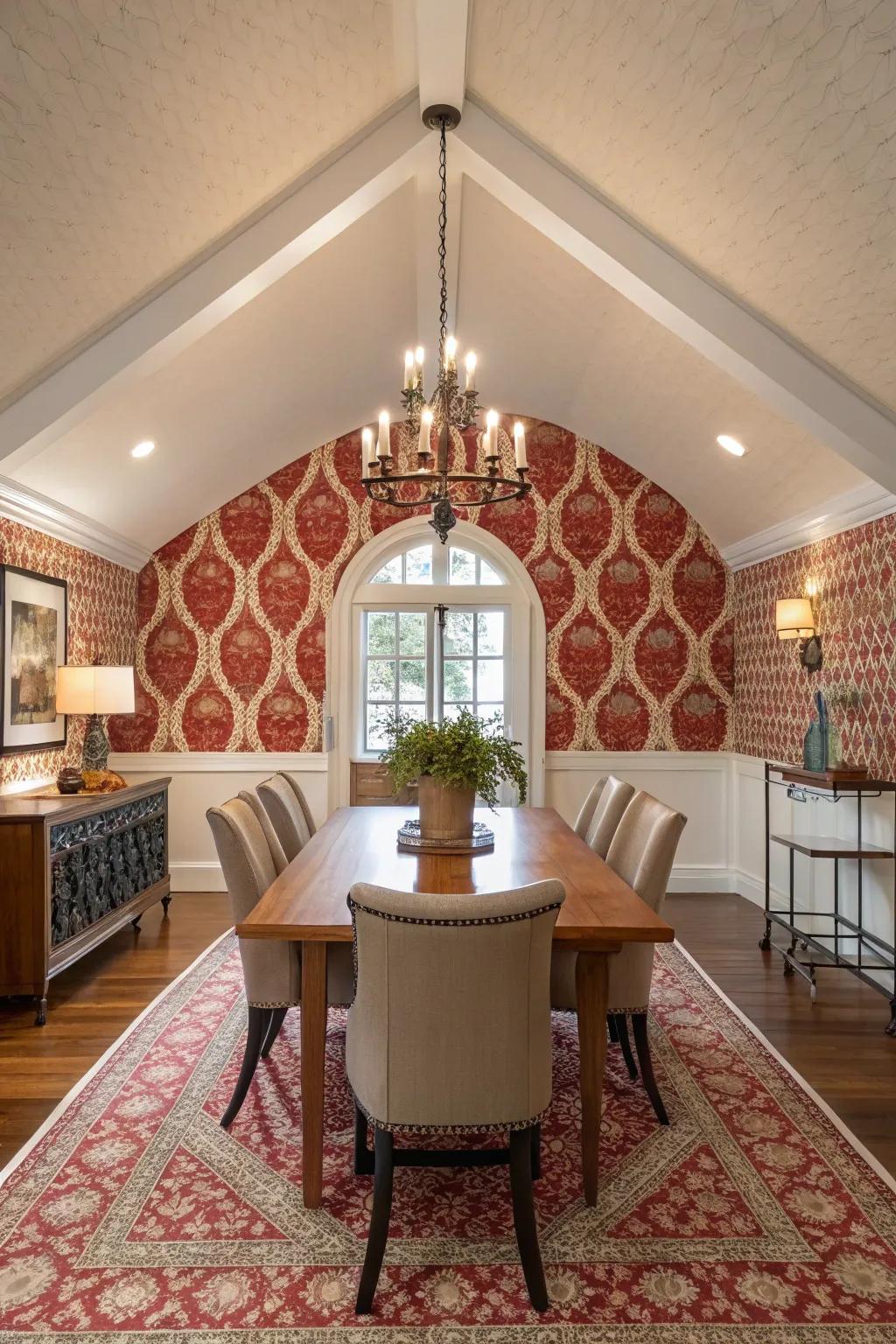 Dining room featuring a vaulted ceiling and audacious wall covering accent wall