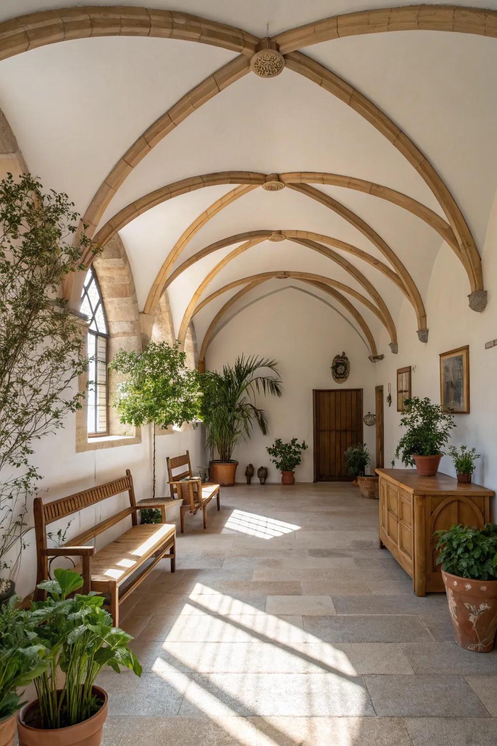 Organic feel with curved beams on a vaulted ceiling.