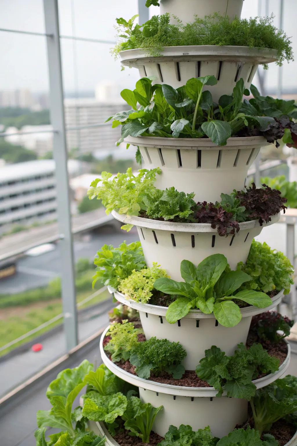 An area-conserving tower garden maximizing botanical yield.
