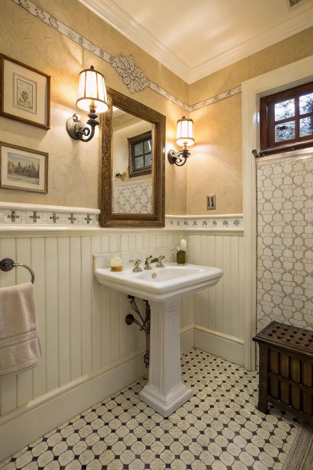 Wood paneling introduces ageless architectural interest to vintage bathrooms.