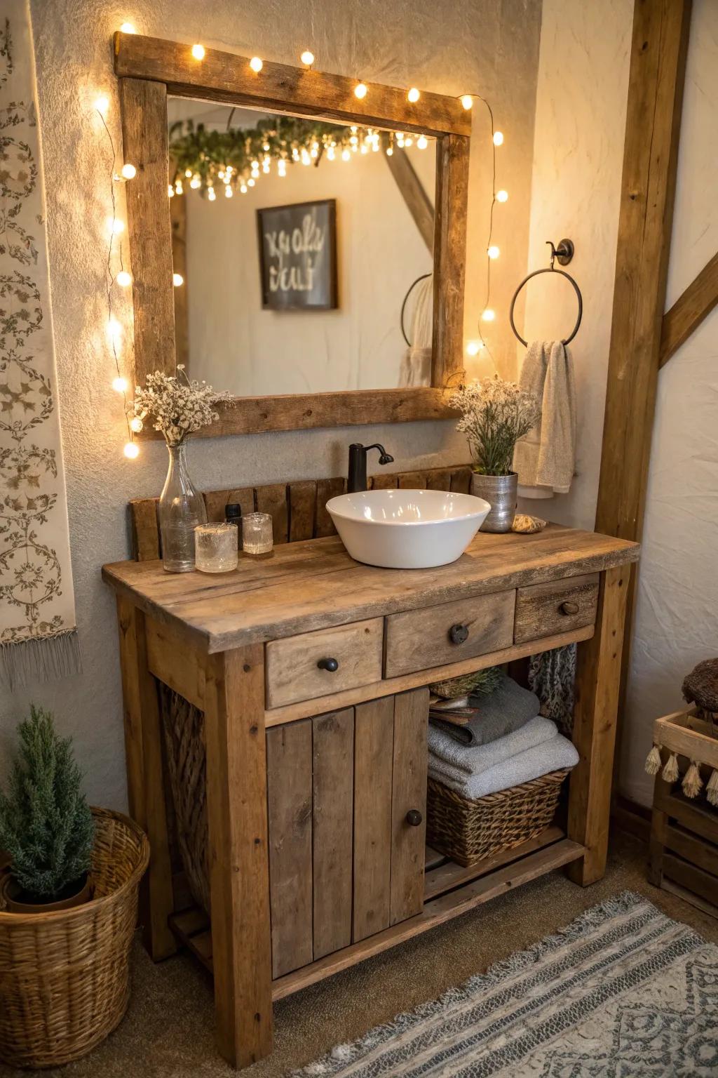 Salvaged wood gives a rustic and unique touch to vintage vanities.