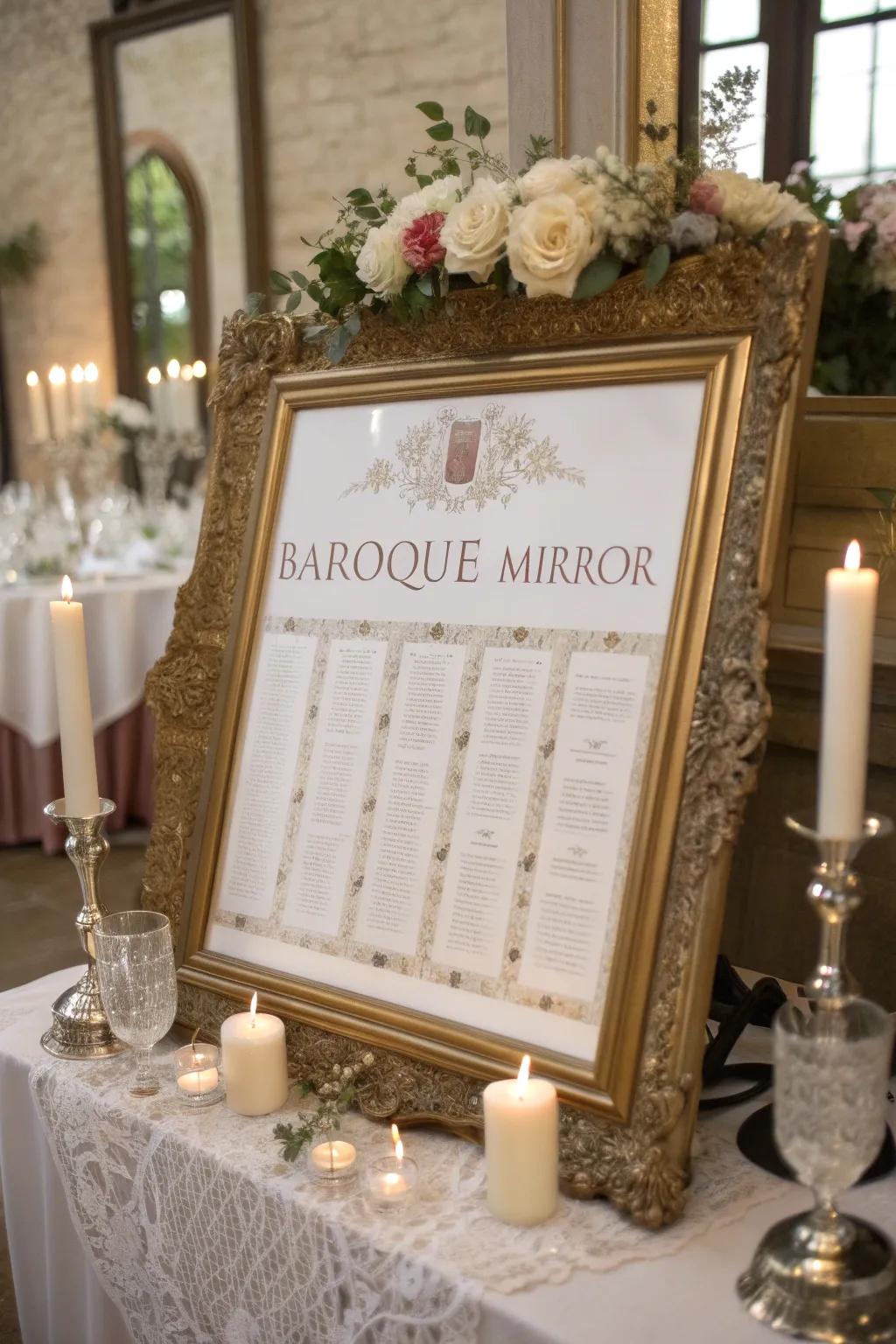 An understated mirror elegantly displaying the seating chart.