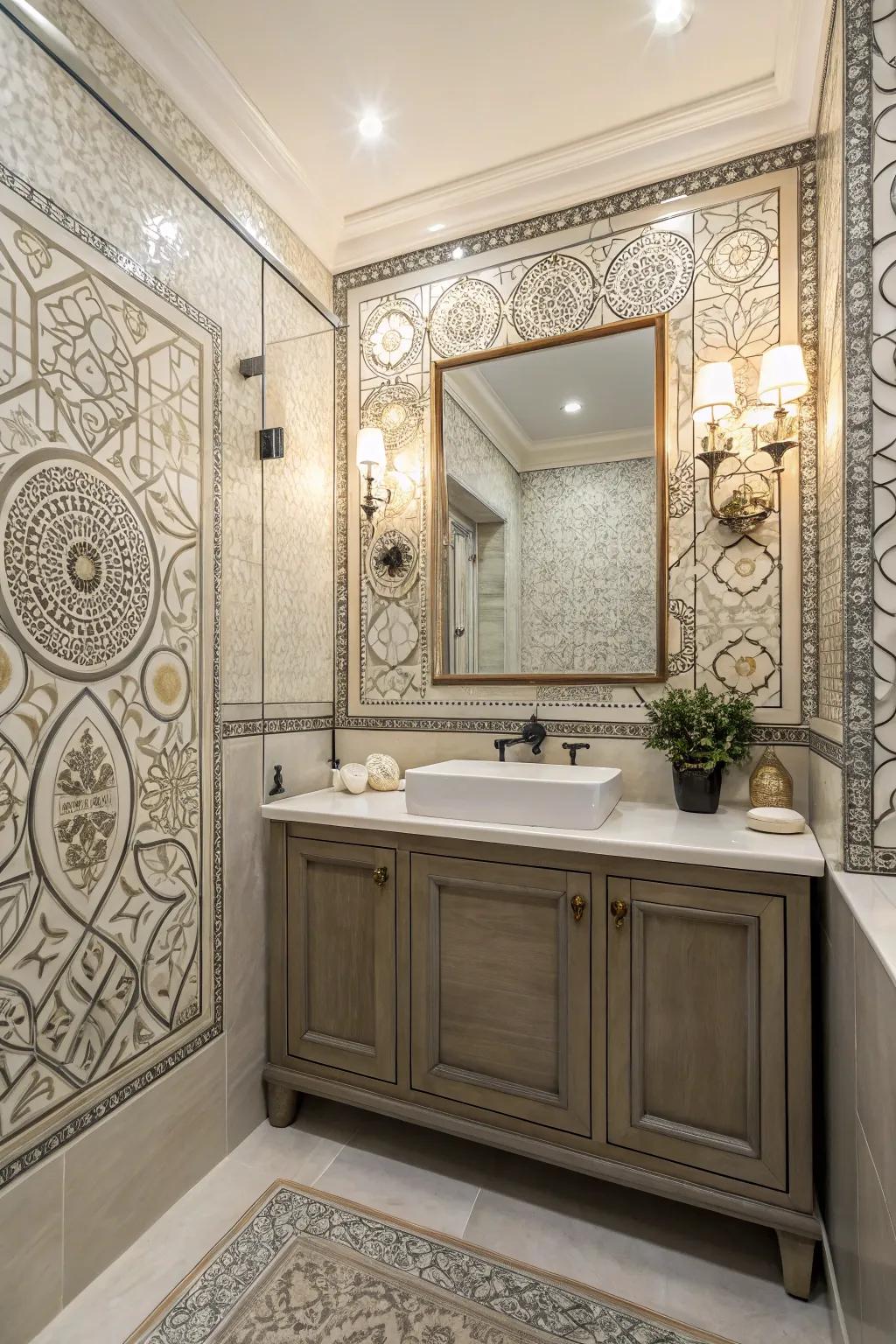 Artistic tiles transform wainscoting into a creative canvas.