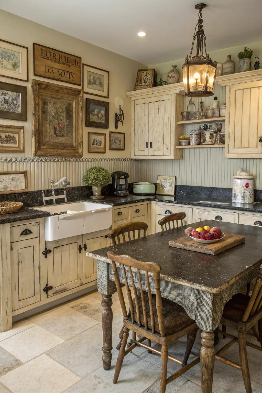 A kitchen featuring vintage-inspired distressed wainscoting.