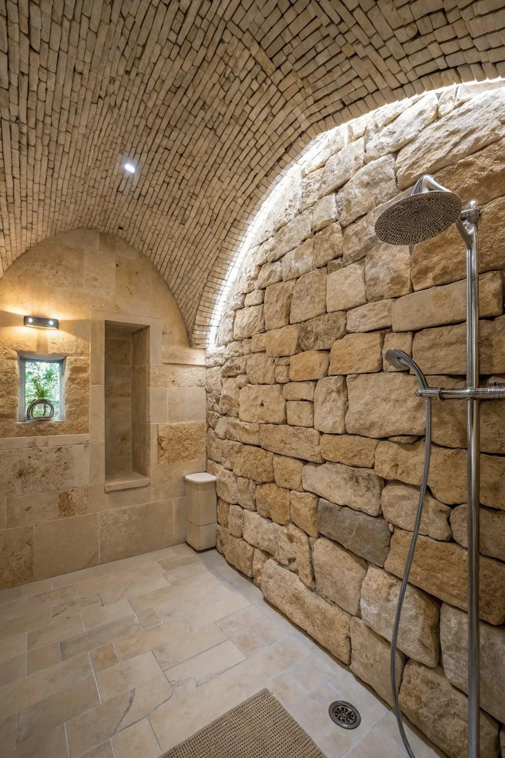 Shower with curvilinear topside and rock textures.