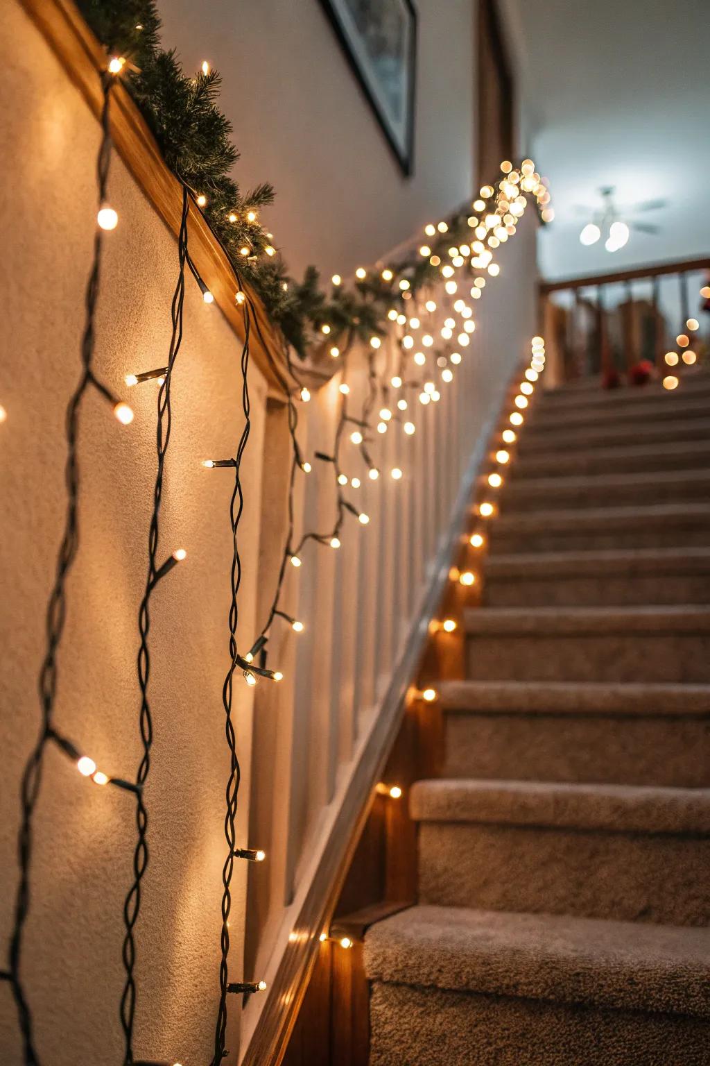 Filament lights can inject a touch of enchantment into your stairway wall.