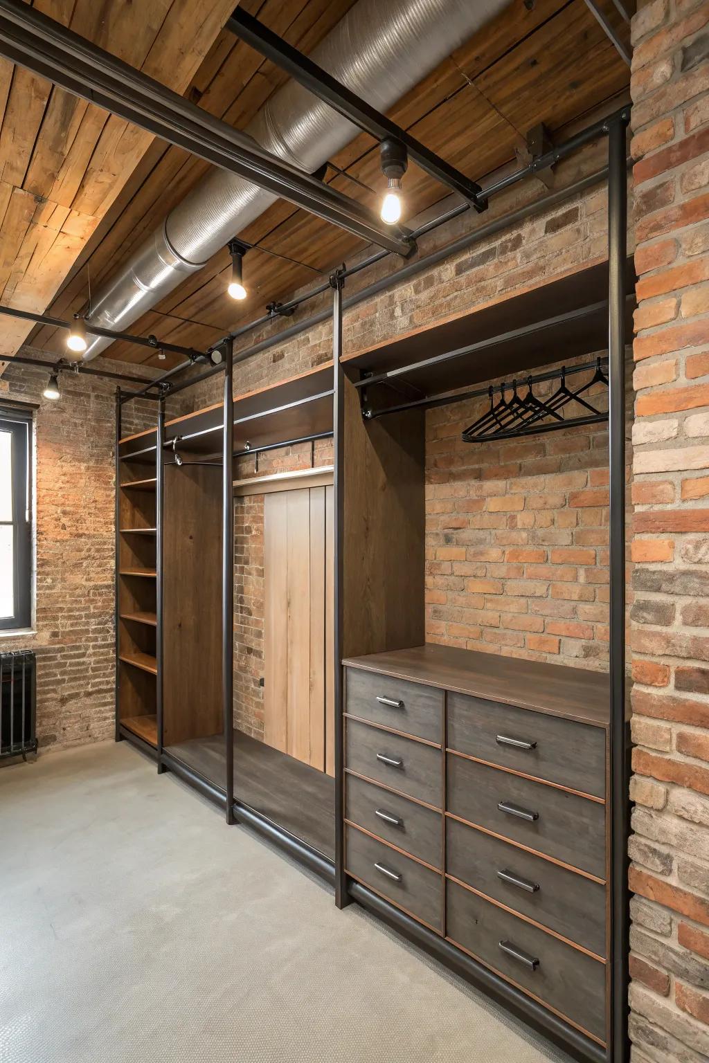 Adding an industrial feel to wall closets with Steel rails.