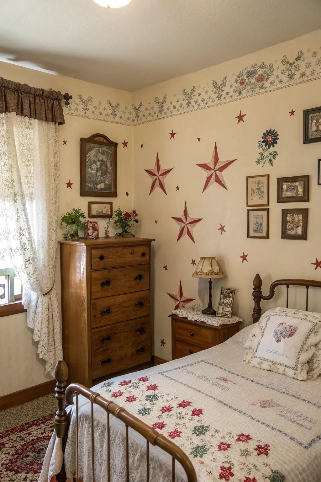 Vintage appliqués infuse warmth and historical allure to this bedroom.