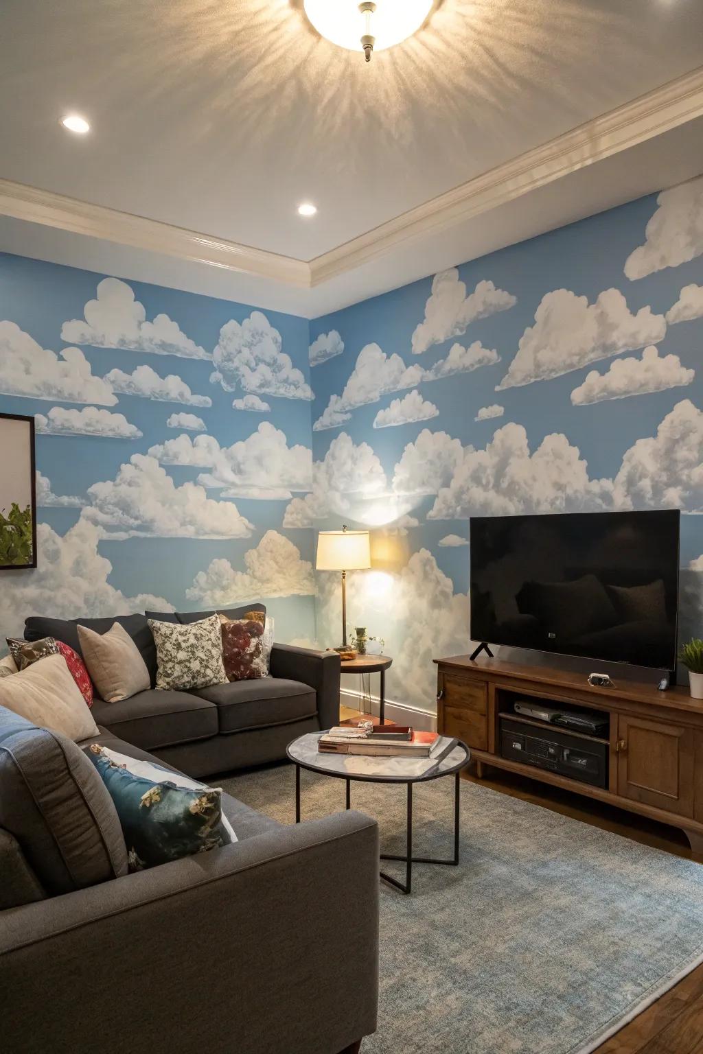Experience tranquility with a serene cloudscape mural.
