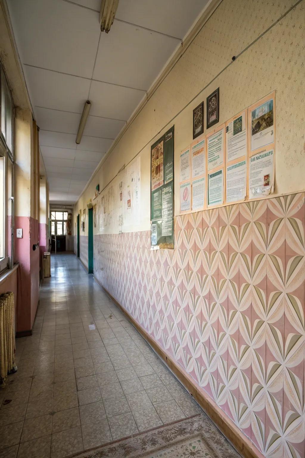 Wallpaper exhibiting texture and adding dimension to a school wall