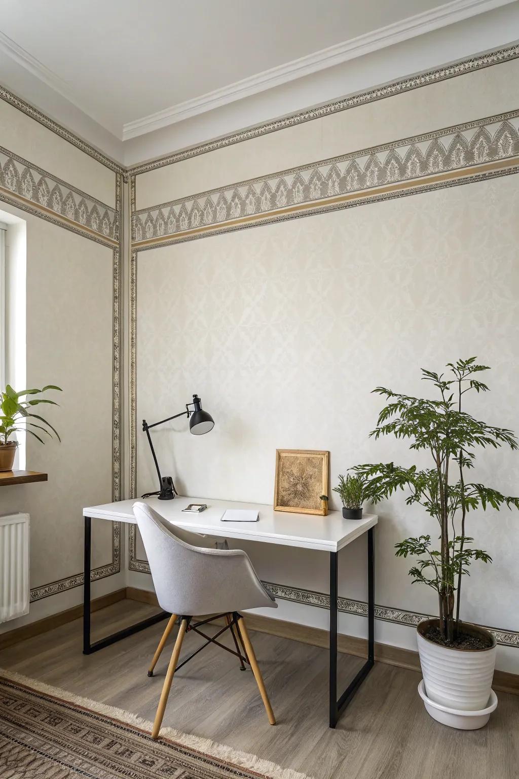 A minimalist office enhanced by a simple, sophisticated wallpaper edging.