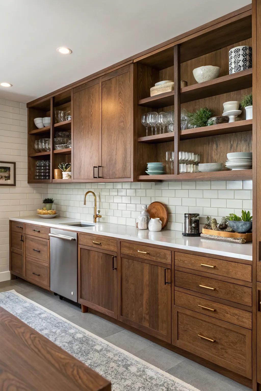 Open shelving complements the elegance of hickory cabinets.