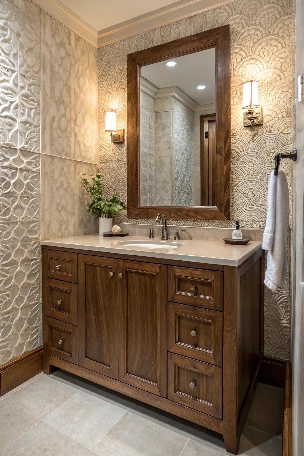 Infuse dimension and interest using textured wall panels positioned behind your vanity.