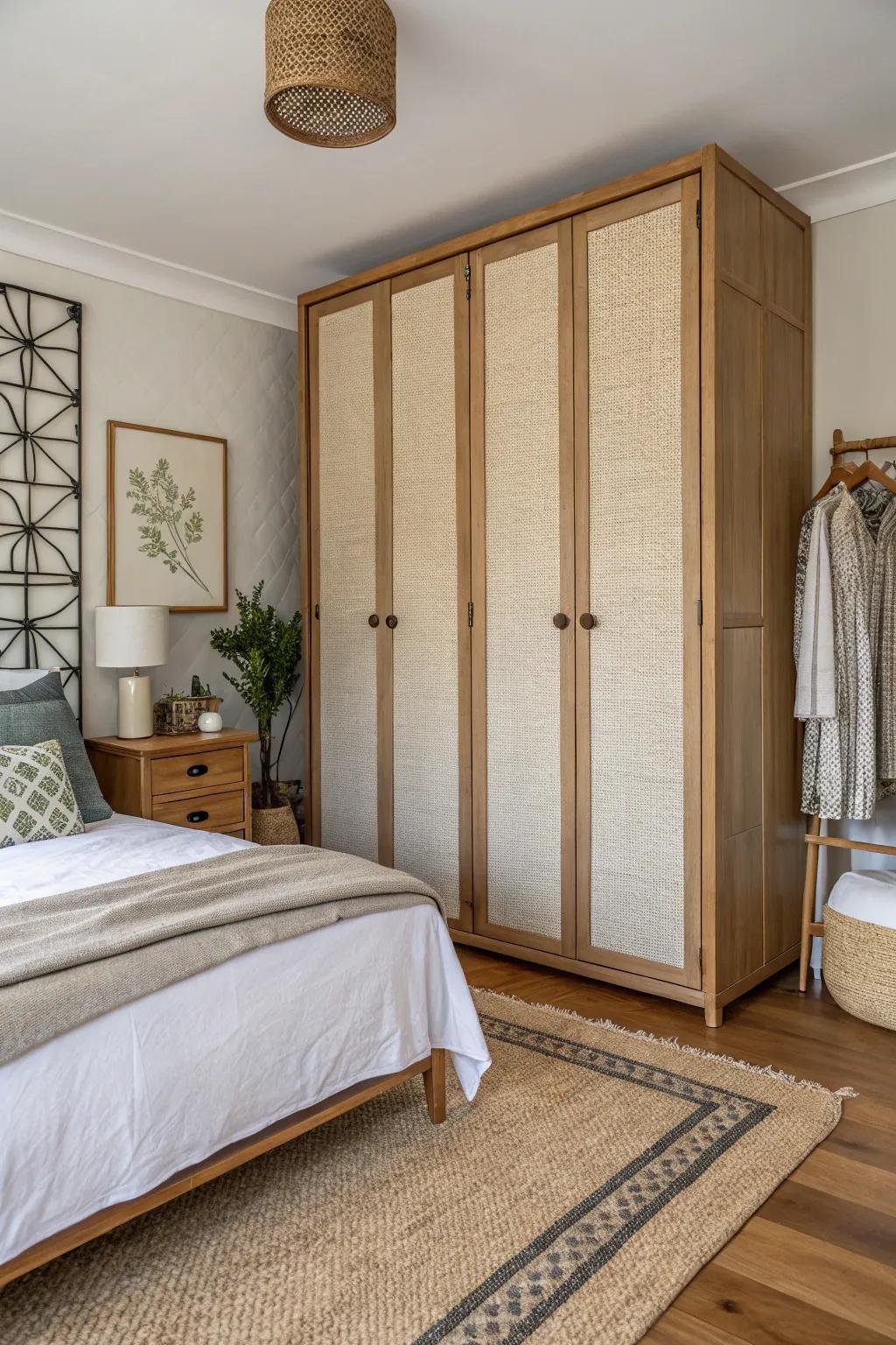 Textile panels on wardrobe doors for a cozy touch.