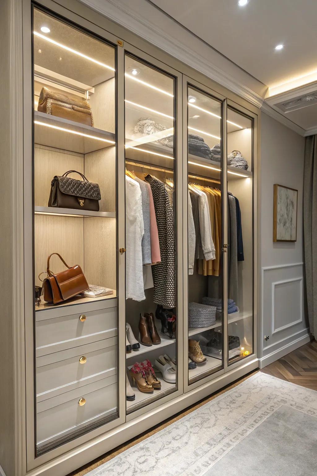 Clear panels add a contemporary touch to wardrobe interiors.