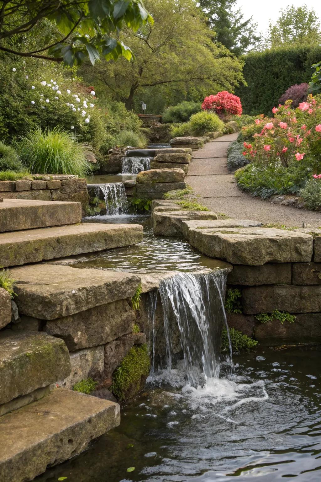 An elegant garden waterfall showcasing stone steps to create a multi-level ambiance.