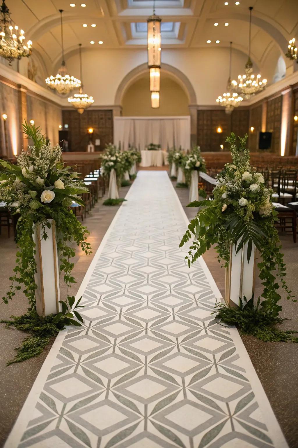A modern abstract pattern adds a unique touch to the aisle.