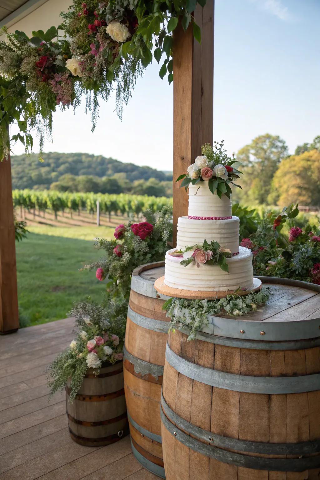 Wood drums adding a country charm to the wedding cake display.