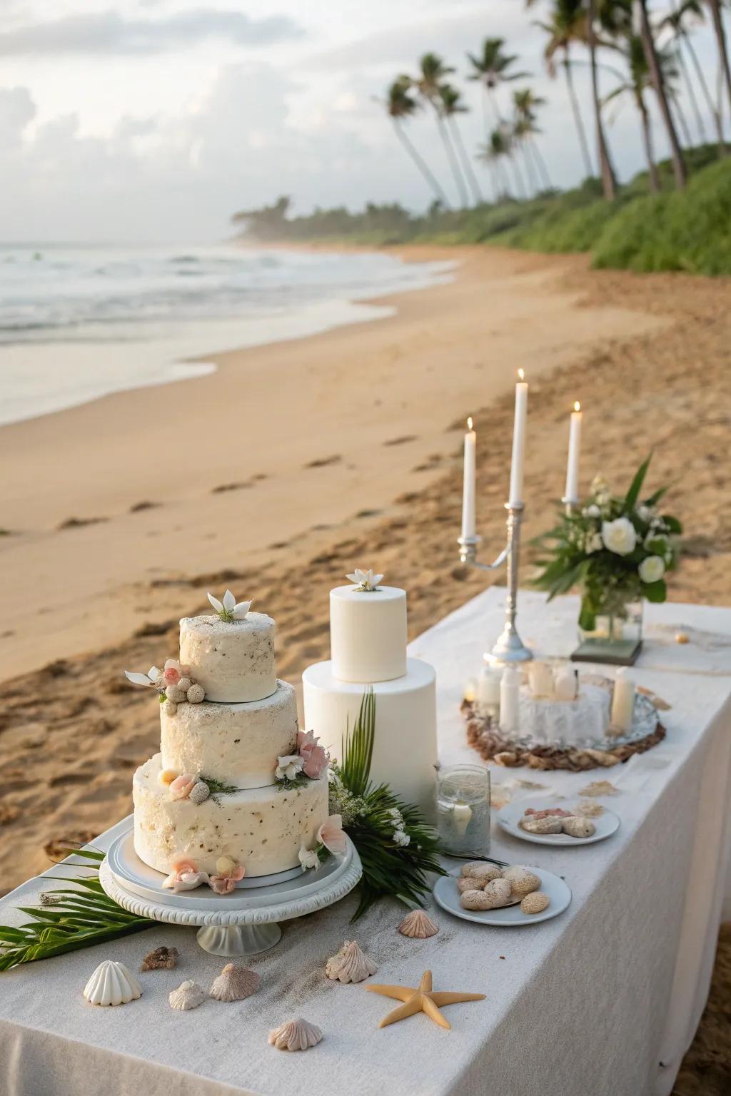 A coastal-themed wedding cake presentation styled with seashells and fine sand.