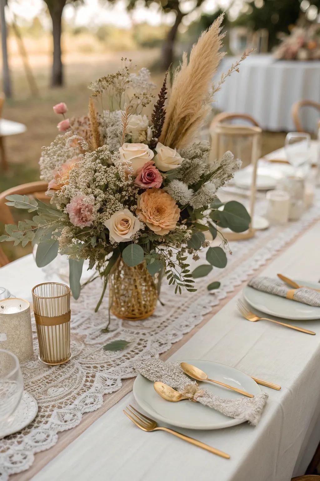 A bohemian centerpiece consolidating desiccated and freshly gathered blossoms.
