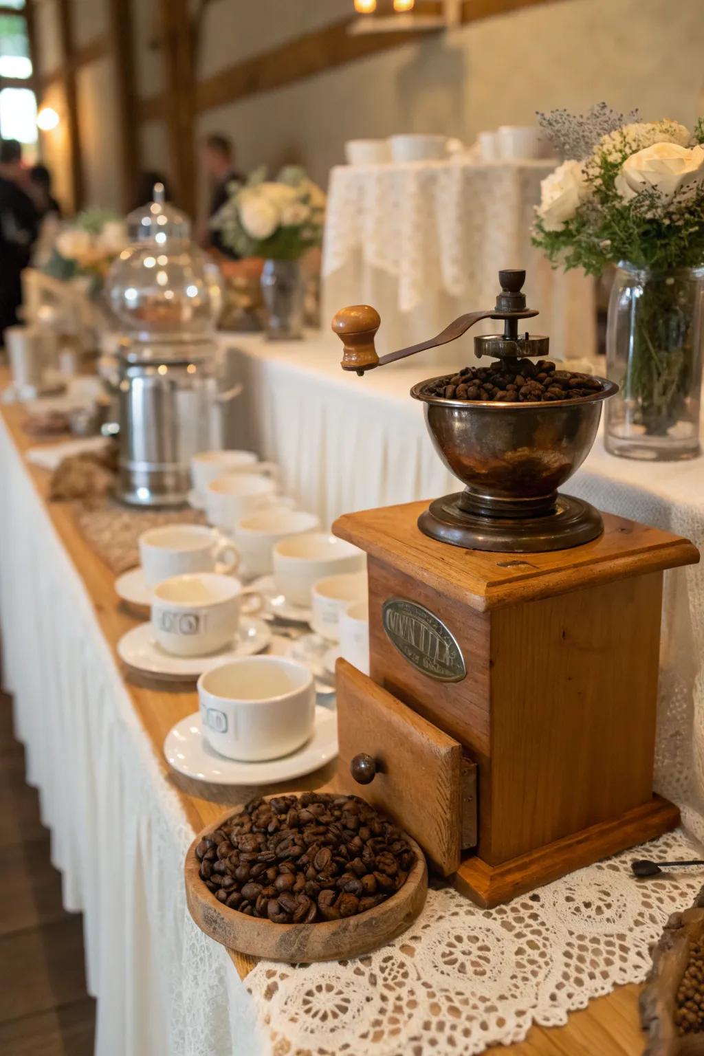 A vintage coffee mill display at a wedding coffee bar.