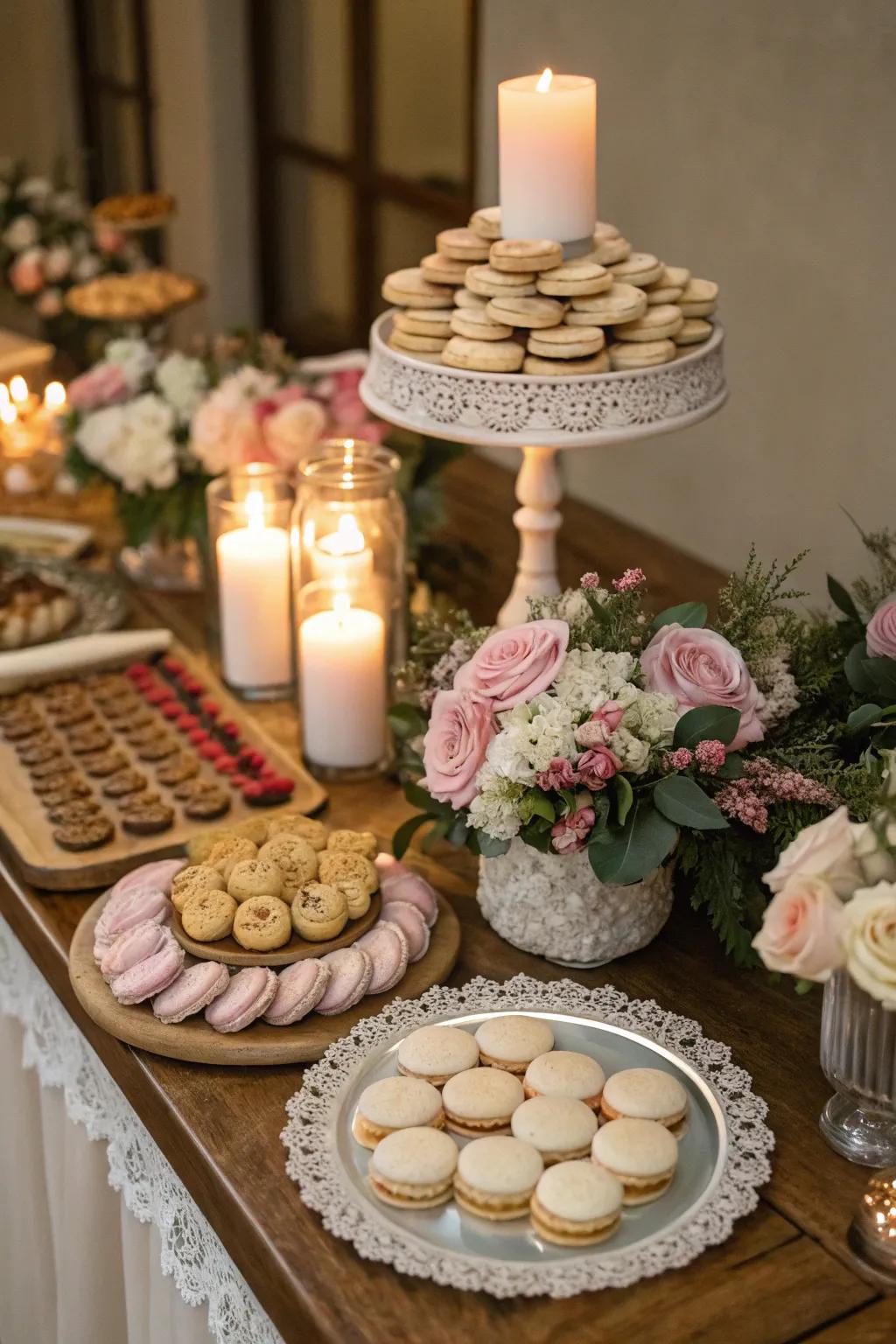 Tapers construct a warm atmosphere on a wedding cookie arrangement.