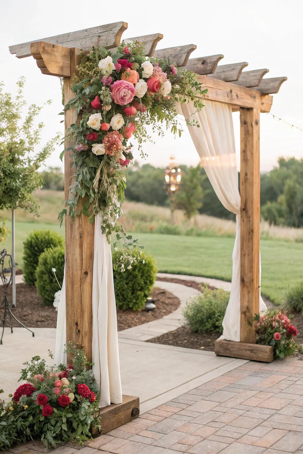 A DIY ceremony archway crafted from recovered timber and decorated with lavish flowers.