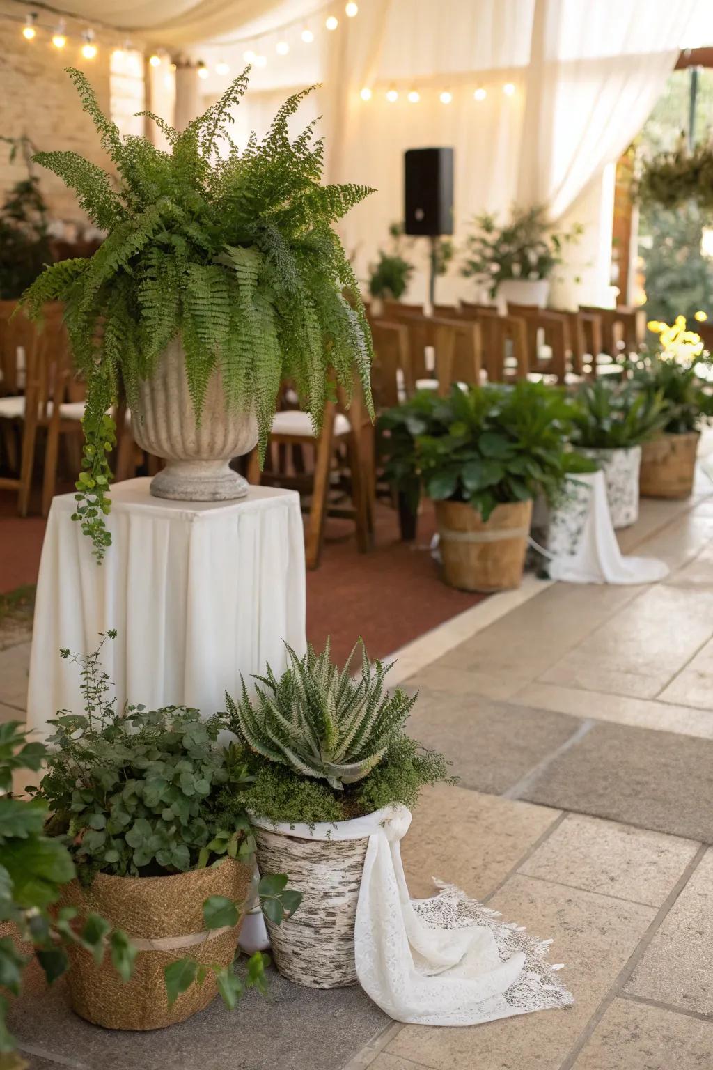Wedding decor showcasing potted flora and nature-conscious details for sustainability.