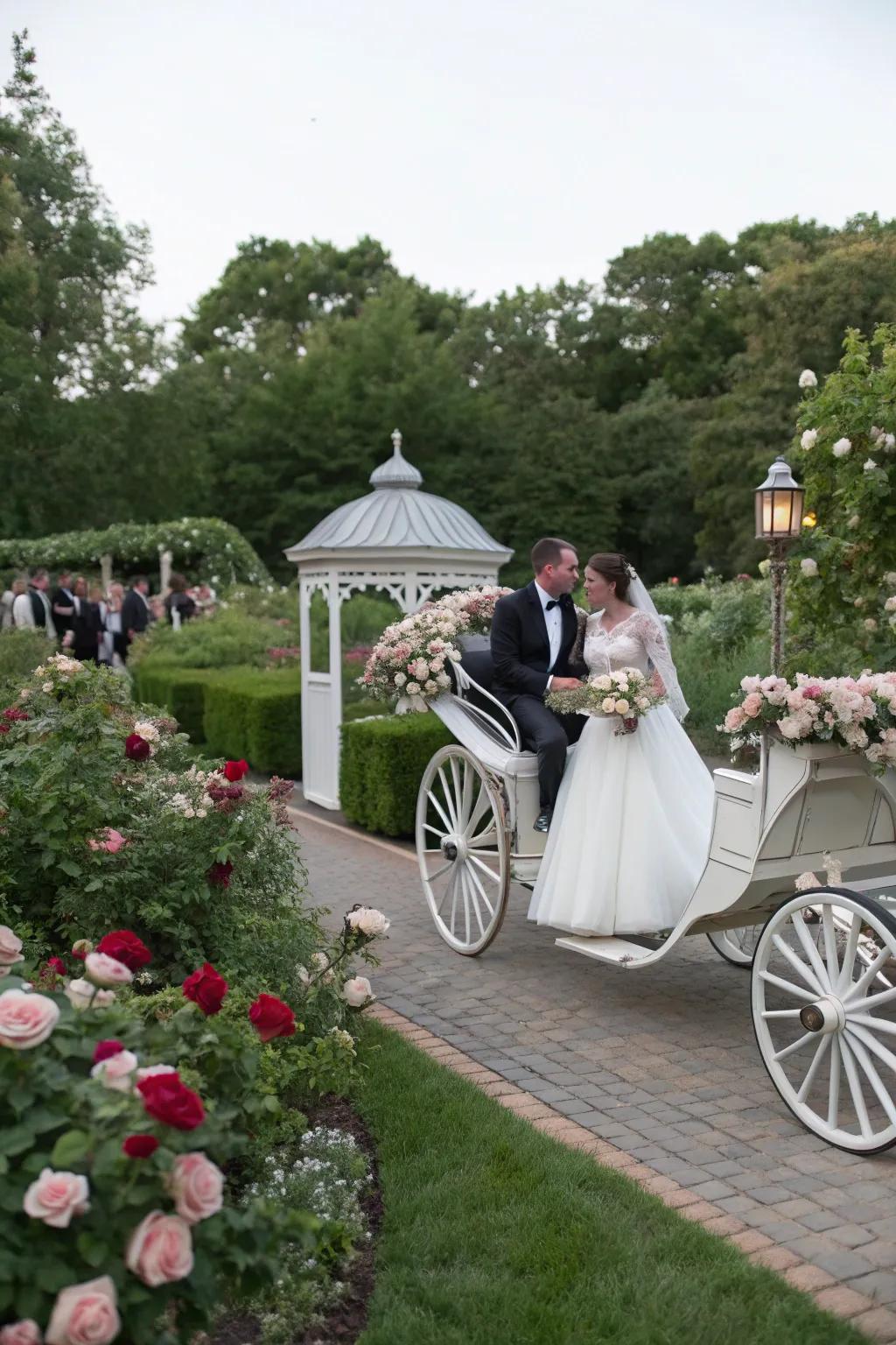 An equestrian carriage offers a fairytale beginning to the couple's special day.