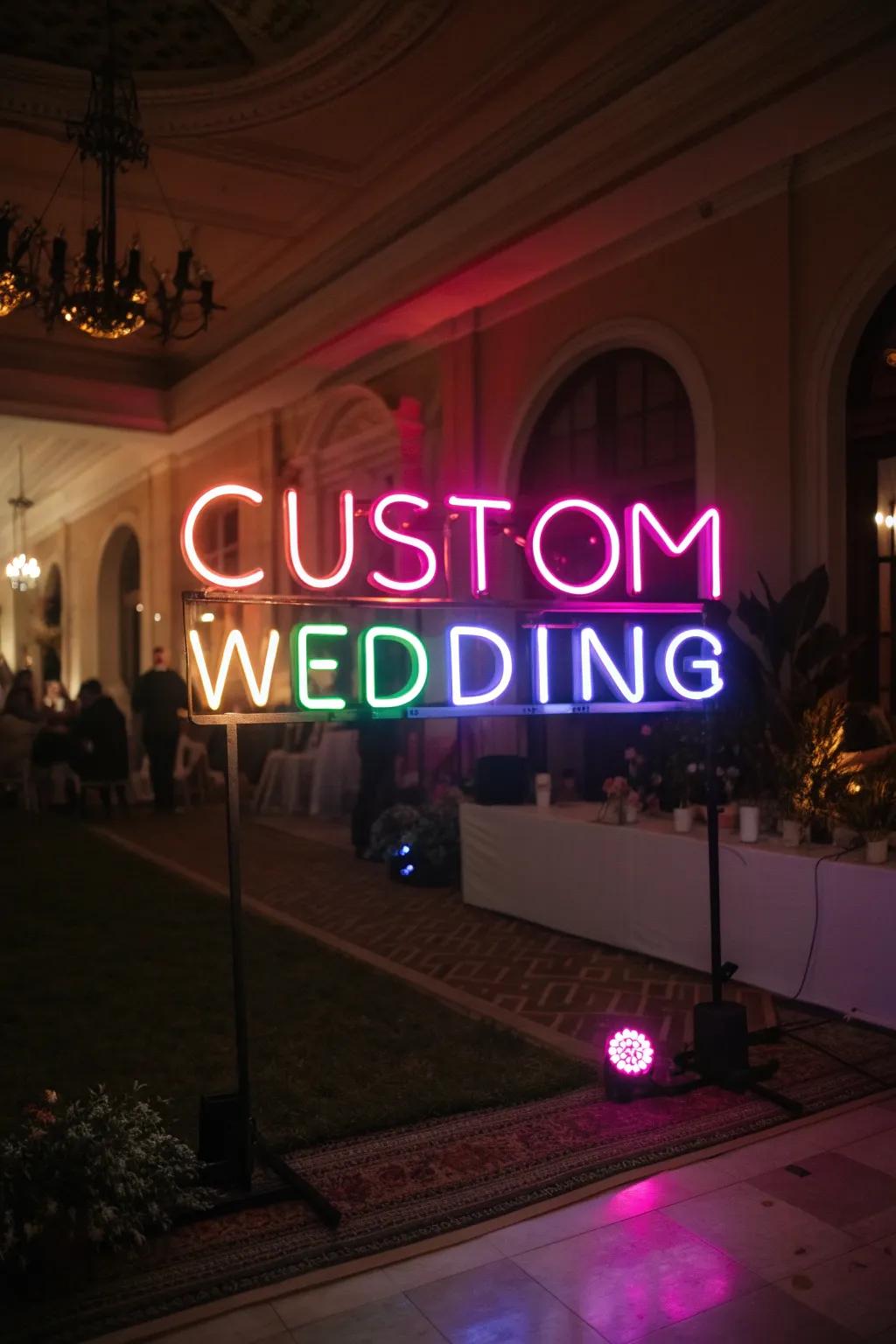 Neon displays provide a modern and vibrant glow to illuminate your special day.