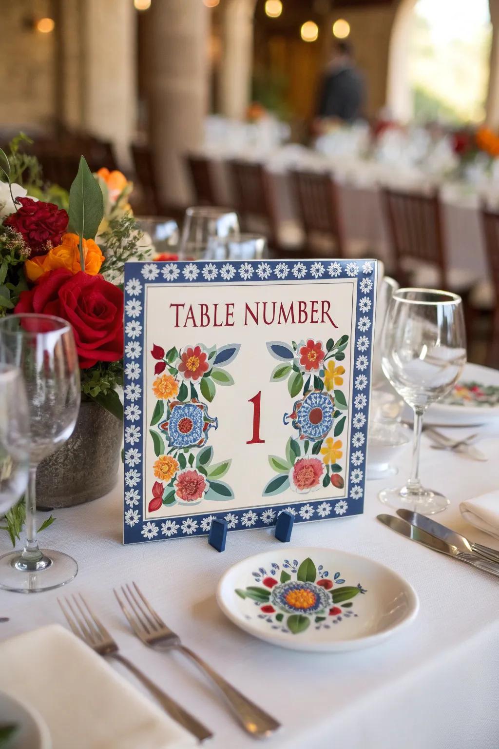 Glazed earthenware tiles present a vibrant and colorful element to your wedding tables.