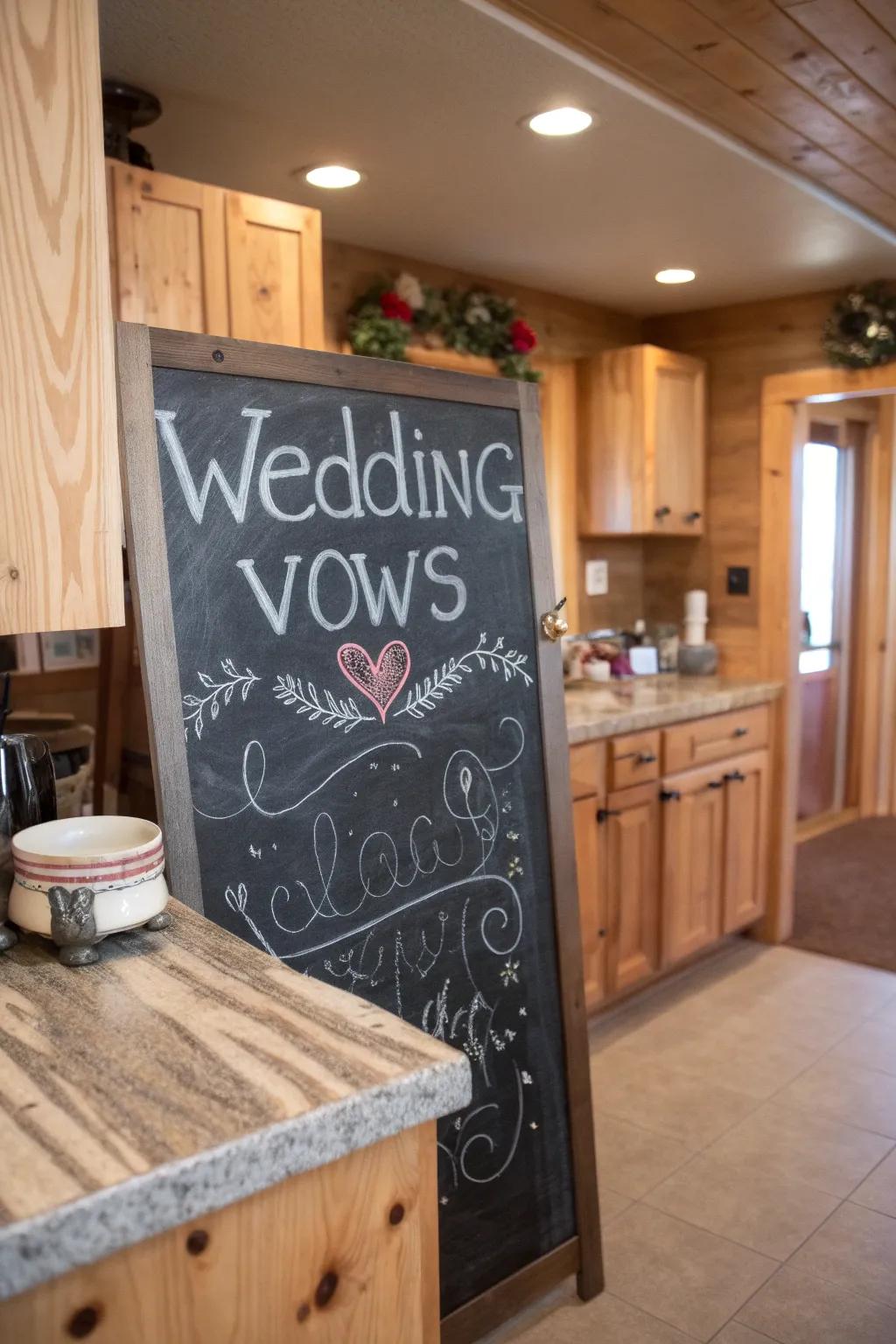 DIY charm with writing board vows in a rustic kitchen.