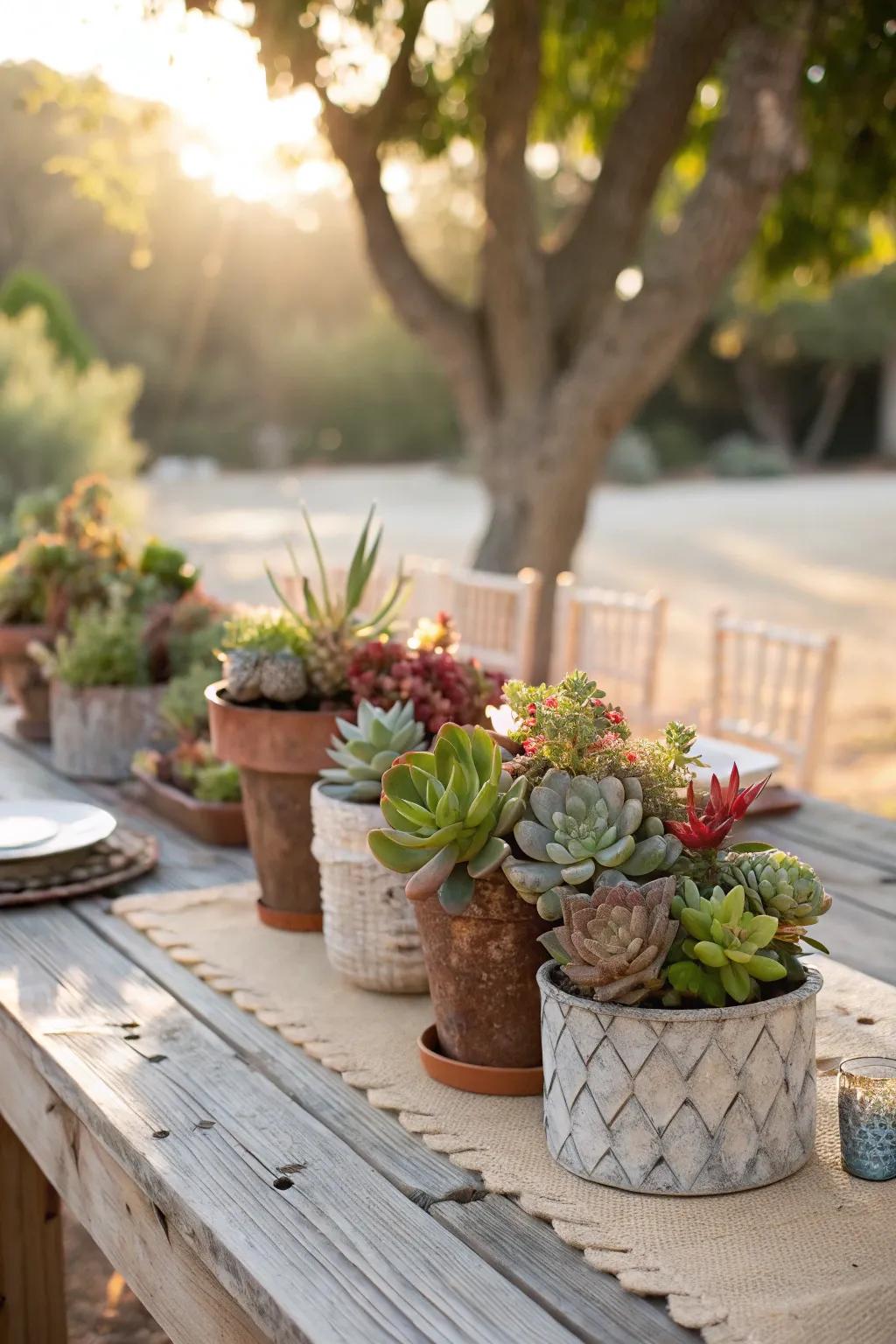 Potted succulents infuse a simple-care pop of greenery to any table.