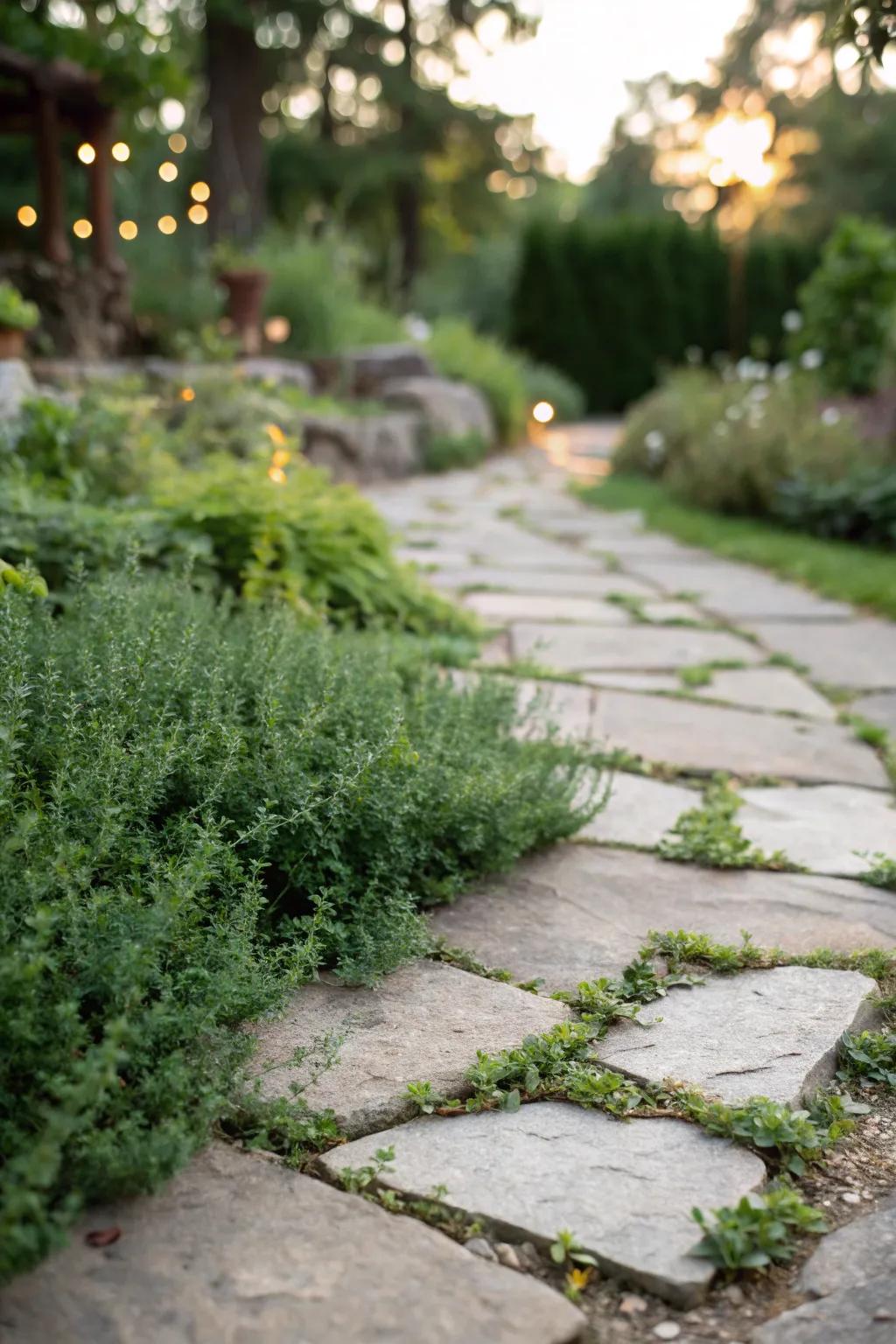 Creeping herbs furnish fragrance and beauty to flagstone paths.