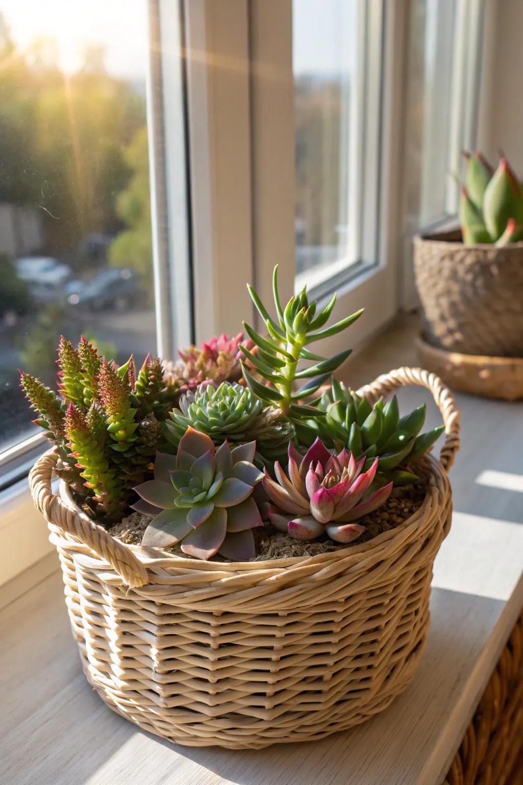 A basket showcasing succulents injects a hint of verdure and allure into any given space.